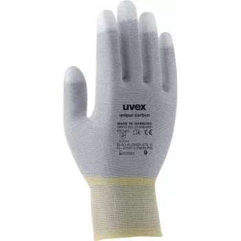 Mănuși de protecție pentru lucru Uvex Unipur Carbon din nailon tricotat, mărimea 10, gri/negru, palmă acoperită cu PU, antistatice 6055610
