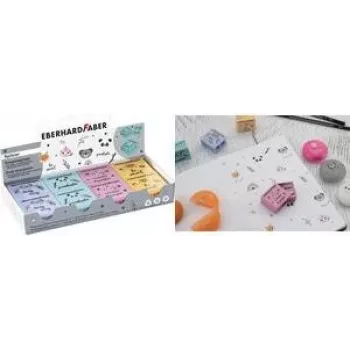 Casetă de prezentare cu 8 ascuțitoare duble FABER-CASTELL EBERHARD FABER cu motiv animal, pentru creioane standard și jumbo, plastic, sortate 585154