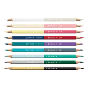 Set de creioane colorate solubile în apă CARAN D'ACHE Bicolor Alpine Frost, 9 creioane (18 culori) + pensulă, cutie metalică CC0999.025