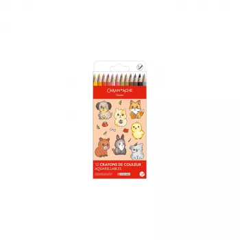 Creioane colorate solubile în apă CARAN D'ACHE Swisscolor Kawaii Animals, set de 12, lemn de cedru, hexagonale 1285.803