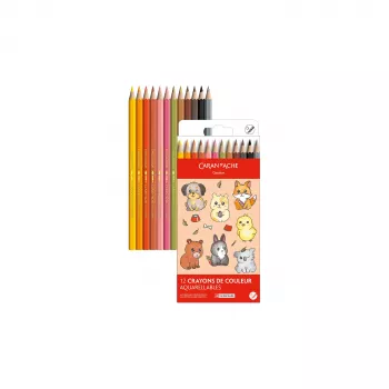 Creioane colorate solubile în apă CARAN D'ACHE Swisscolor Kawaii Animals, set de 12, lemn de cedru, hexagonale 1285.803