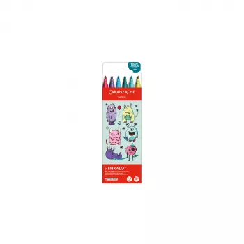 Markere cu fibră CARAN D'ACHE Fibralo Kawaii Monsters, set de 6, pe bază de apă, cerneală solubilă în apă, utilizare uscată sau umedă (185.801)