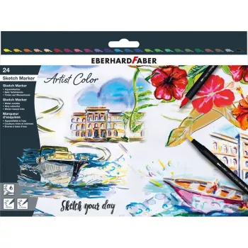 Set de 24 markere cu vârf dublu Faber-Castell Eberhard Faber Artist Color, vârf fin și pensulă, culori asortate 558224