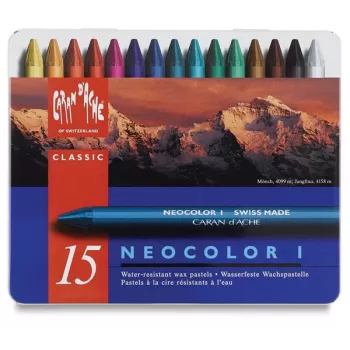 Pasteluri cerate Caran d'Ache Neocolor I, 15 culori asortate, rotunde, înveliș de hârtie, cutie metalică 7000.315