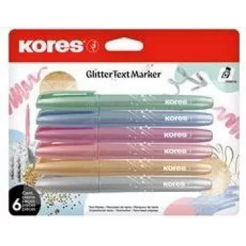 Set de markere cu sclipici Kores, vârf teșit 3-5 mm, 6 culori sclipitoare luminoase, pe bază de apă, uscare rapidă, rezistent la ștergere, capac ventilat, netoxic TM36300