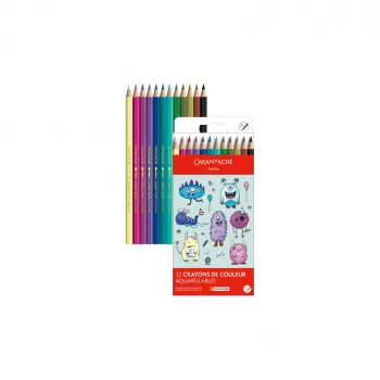 Creioane colorate solubile în apă Caran d'Ache Swisscolor Kawaii Monsters, set de 12, lemn de cedru hexagonal 1285.801