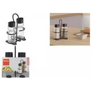 Set de solnițe și pipernițe Metaltex Spice Line, 3 piese, sticlă cu capace negre din plastic, transparent 252871000