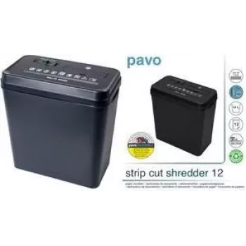 PAVO Distrugător de documente cu tăiere în benzi 12 coli, benzi 6 mm, alimentare 220 mm, coș 18 L, negru (8000784)