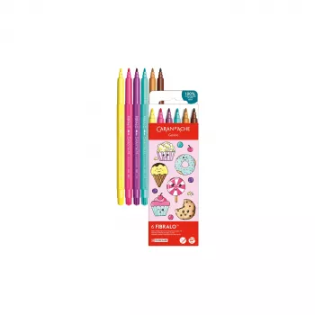 Set de 6 carioci cu vârf din fibră CARAN D'ACHE Fibralo Kawaii Candy, pe bază de apă, cerneală solubilă în apă, utilizabile uscat sau umed (185.802)