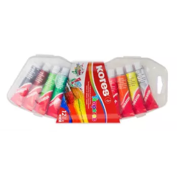 Set de tempera Kores, 12 culori cu pigmentare ridicată în tuburi de aluminiu de 12 ml, amestecabile, cutie din plastic FF72412