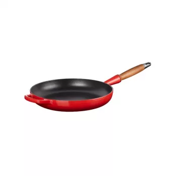 Tigaie din fontă cu mâner din lemn LE CREUSET, 28 cm, roșie