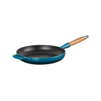 Tigaie din fontă cu mâner din lemn LE CREUSET, Ø28 cm, albastră