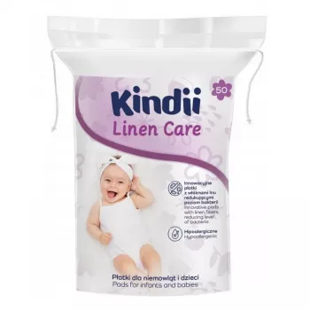 Discuri demachiante din bumbac pentru bebeluși Kindii Linen Care, 100% bumbac pur, hipoalergenice, testate dermatologic, 50 buc.