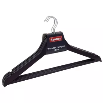 Umereșe din lemn SAUBER, set de 3, finisaj închis, cârlig rotativ 360°, bară pentru pantaloni