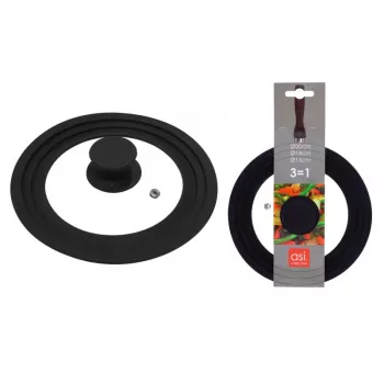 Capac universal ASI COLLECTION cu margine din silicon 3 în 1, Ø16/18/20cm, sticlă călită, silicon negru