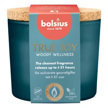 Lumânare parfumată în borcan de sticlă cu capac de plută BOLSIUS True Joy - Woody Wellness, Ø66x83 mm