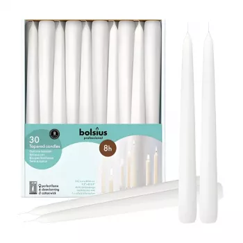 Lumânări de masă profesionale BOLSIUS albe 250/24mm, pachet de 30