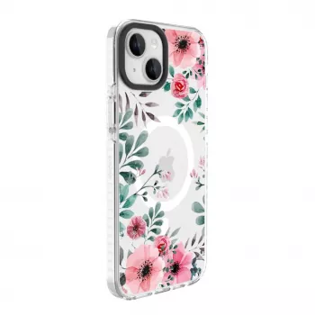 Husă Evelatus transparentă cu MagSafe pentru iPhone 15 Plus, cu model floral