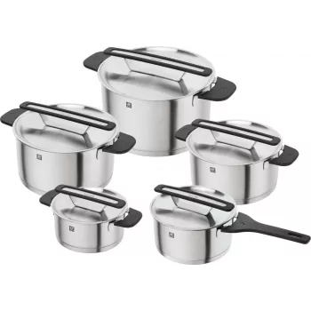 Set de vase ZWILLING MORE din oțel inoxidabil, 5 piese, cu capace din sticlă, compatibil cu inducție