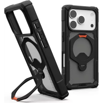 Husă UAG Urban Armor Gear Plasma XTE 360 MagSafe Kickstand pentru Apple iPhone 18 Pro/17 Pro - gri transparent cu accente negre și portocalii 114573114097