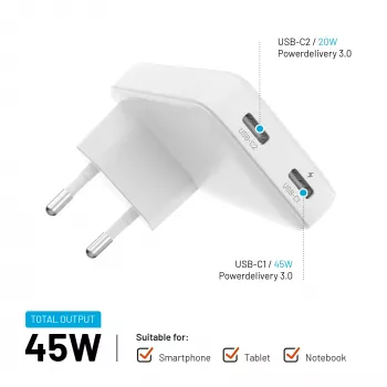Încărcător de călătorie Fixed Slim 2xUSB-C 65W GaN PD alb
