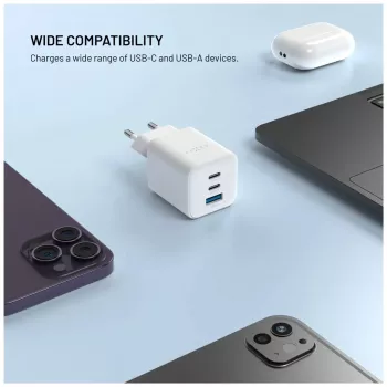 Încărcător Fixed Mini 2x USB-C și USB GaN 65W alb