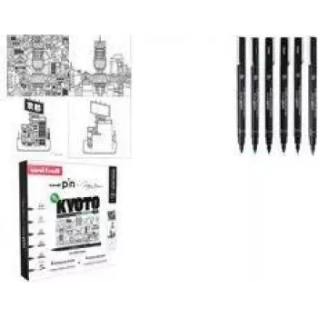 Set de 6 pixuri fineliner uni-ball PIN Kyoto, cerneală pigmentară (negru, 0,1–pensulă), rezistent la apă CF PIN/6 003