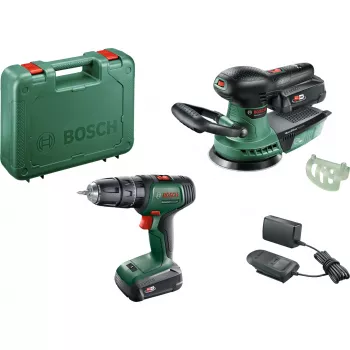 Set Bosch DIY UniversalImpact 18V + AdvancedOrbit 18V, 2x acumulator Li-Ion 2,0Ah, mașină de găurit și înșurubat cu impact cu acumulator + șlefuitor excentric cu acumulator, verde (06039D410A)