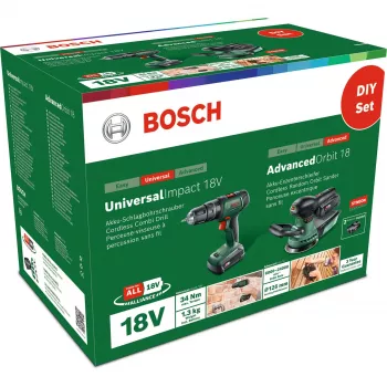Set Bosch DIY UniversalImpact 18V + AdvancedOrbit 18V, 2x acumulator Li-Ion 2,0Ah, mașină de găurit și înșurubat cu impact cu acumulator + șlefuitor excentric cu acumulator, verde (06039D410A)