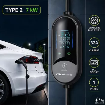 Qoltec Mobile EV Charger for Electric and Hybrid Cars, 2-in-1 Adjustment, Type 2, 7 kW, 230 V, CEE 32 A, LED, 5 m