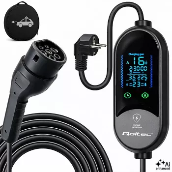 Încărcător mobil EV Qoltec 2 în 1, Type 2, 3,5 kW, 230 V, Schuko 16 A, LED, 5 m (53182)