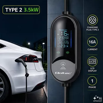 Încărcător mobil EV Qoltec 2 în 1, Type 2, 3,5 kW, 230 V, Schuko 16 A, LED, 5 m (53182)