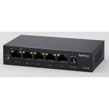 Switch PoE Synology PS500, 5 porturi GE, 4 porturi GE PoE+, 60 W