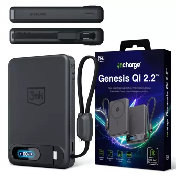 Încărcător wireless 3mk incharge Genesis Qi2 25W + PD 45W cu cablu USB-C integrat, negru