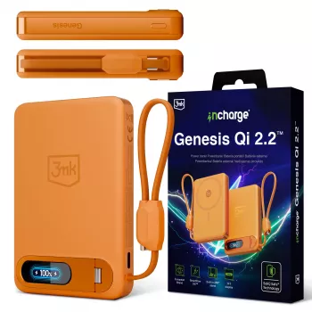 Încărcător wireless 3mk incharge® Genesis Qi 2 25W + PD45W, cablu USB-C integrat, portocaliu