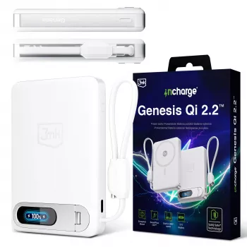Încărcător wireless 3mk incharge® Genesis Qi 2 25W + PD45W, cablu USB-C integrat, alb