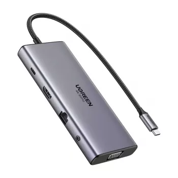 Hub USB-C Ugreen CM639, HDMI, VGA, 2x USB-C 3.2 10 Gbps, 2x USB, SD/TF, RJ45, Aux 3,5 mm, PD, 4K 60 Hz