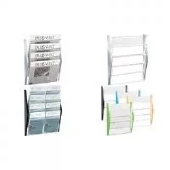 Suport de broșuri de perete helit, DIN A3 format orizontal, 4 compartimente, negru, părți laterale din PP colorat, compartimente din PS transparent ca cristalul, - 1 bucată