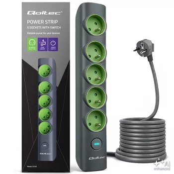 Prelungitor Qoltec cu întrerupător iluminat, 5 prize cu împământare, 1,8 m