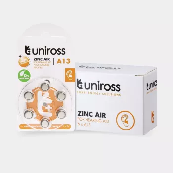 Baterii cu buton Uniross A13 pentru aparate auditive 230mAh, 6 buc.