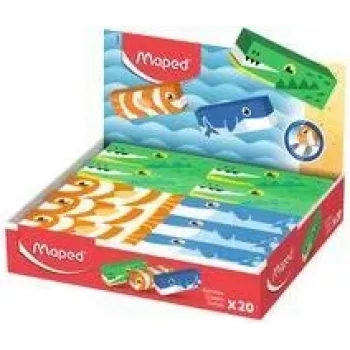 Radieră din plastic Maped cu design animale, fără ftalați și PVC, 3 motive animale – cutie de prezentare cu 20 bucăți