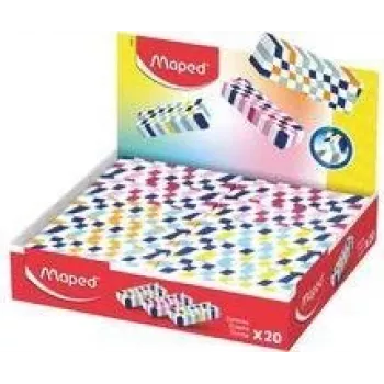 Radieră din plastic Maped, în carouri colorate, fără ftalați și PVC, stand de prezentare cu 20 de bucăți (123501)