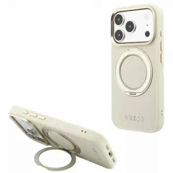 Husă Guess Ring Stand 360 Grained Classic Logo MagSafe pentru iPhone 18 Pro Max / 17 Pro Max, bej