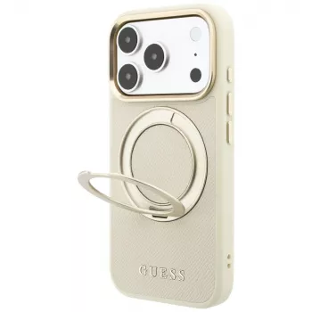 Husă Guess Ring Stand 360 Grained Classic Logo MagSafe pentru iPhone 18 Pro Max / 17 Pro Max, bej