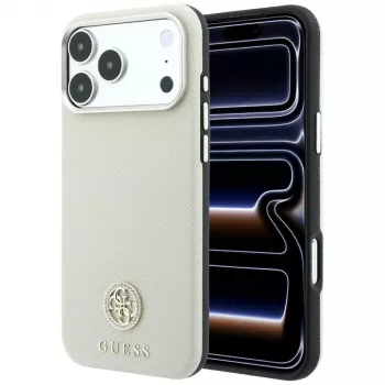 Husă Guess Grained Round Strass Logo MagSafe pentru iPhone 18 Pro Max / 17 Pro Max, bej