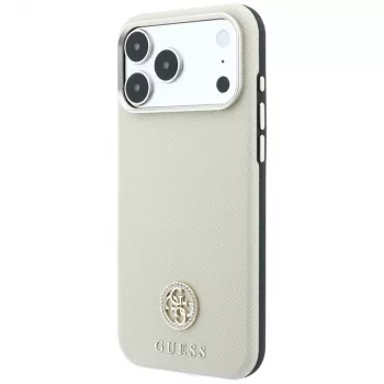 Husă Guess Grained Round Strass Logo MagSafe pentru iPhone 18 Pro Max / 17 Pro Max, bej