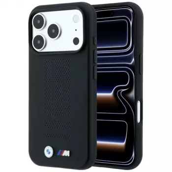 Husă MagSafe BMW M Blue Perfo Metal Logo pentru iPhone 18 Pro / 17 Pro, neagră