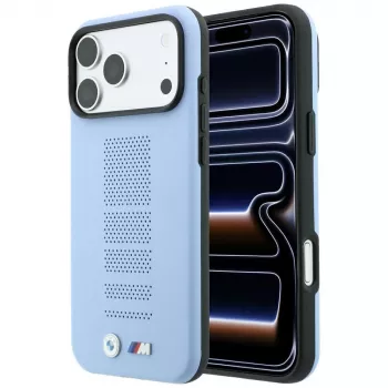 Husă MagSafe BMW M Blue Perfo Metal Logo pentru iPhone 18 Pro / 17 Pro, albastră