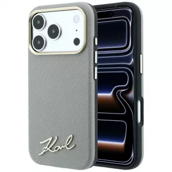 Husă MagSafe Karl Lagerfeld Saffiano Small Script Metal Logo pentru iPhone 18 Pro Max / 17 Pro Max, bej