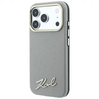 Husă MagSafe Karl Lagerfeld Saffiano Small Script Metal Logo pentru iPhone 18 Pro Max / 17 Pro Max, bej